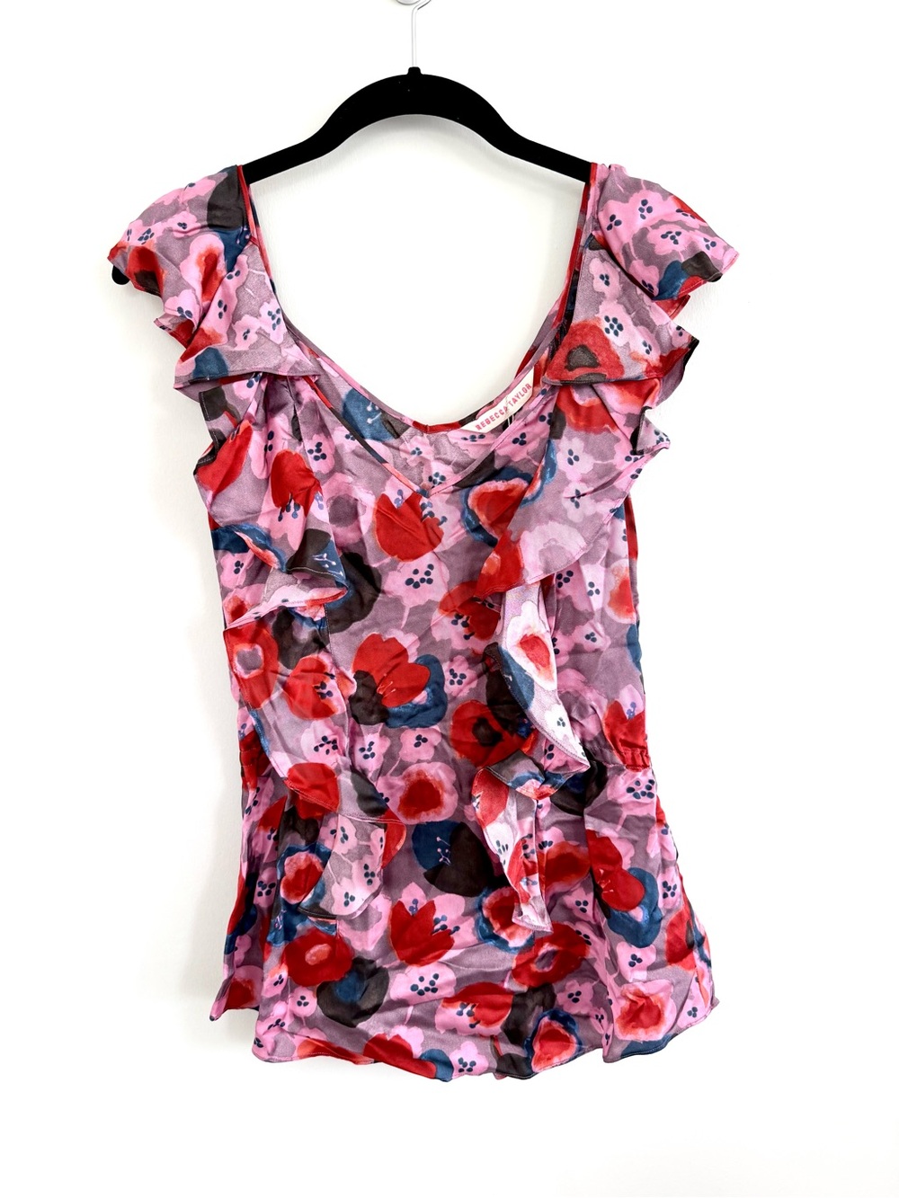 REBECCA TAYLOR Pink Red Floral Blossom Runway Ruffle Sleeveless Top Blouse NWT